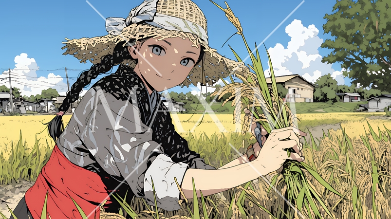 田んぼで農作業をしている女性