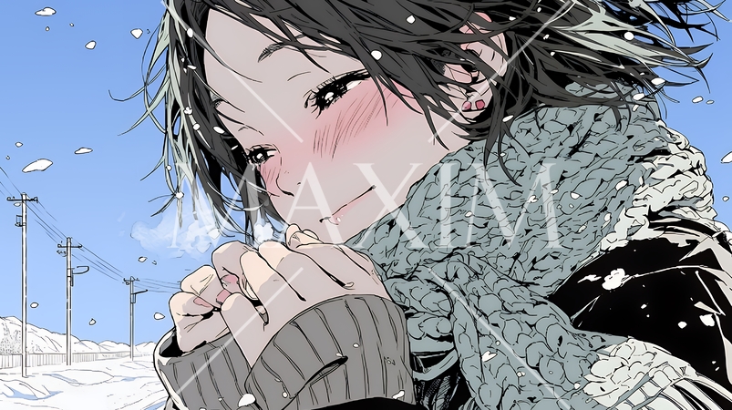 かじかんだ手に息を吹きかけて温めている若い女性