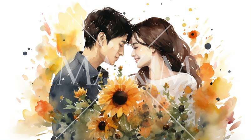 ひまわり畑の中で見つめ合う若い男女の恋人達：水彩画