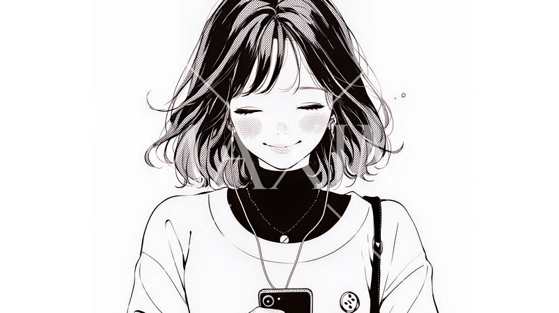 楽しそうにスマホ画面を眺めている若い女性（シンプルな色使い）