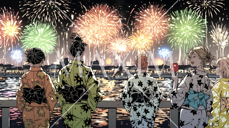 都会の花火大会と浴衣姿の若い女性