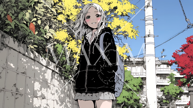 紅葉の秋の街を歩く若い女性