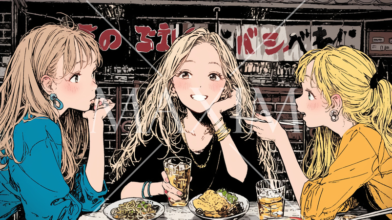 女子会：気の合う女友達が集まり、酒を交わし、おいしい食事をしながら、仕事の話や恋バナをしている