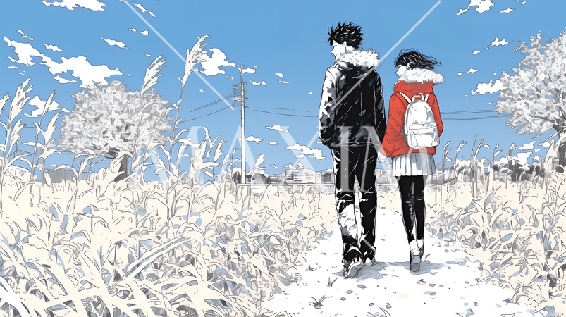 冬枯れ街をデートしている若い恋人たち