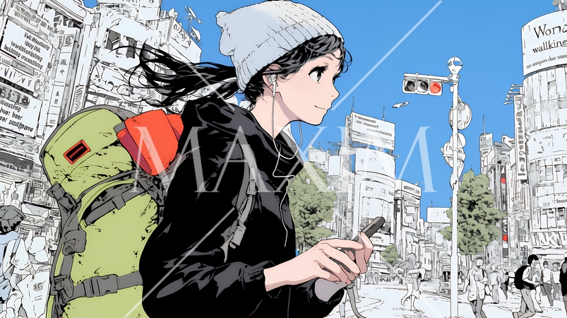 スマホの地図アプルを頼りに目的地に向かって歩いている女性：歩きスマホ