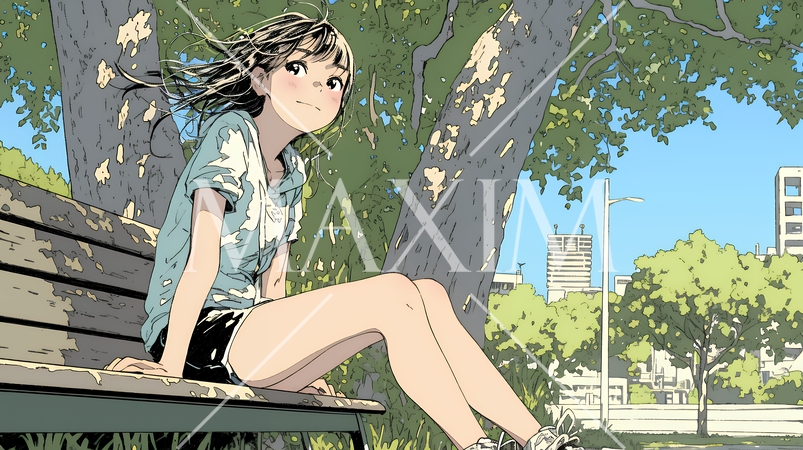 公園のベンチでひとり静かにくつろぐ若い女性