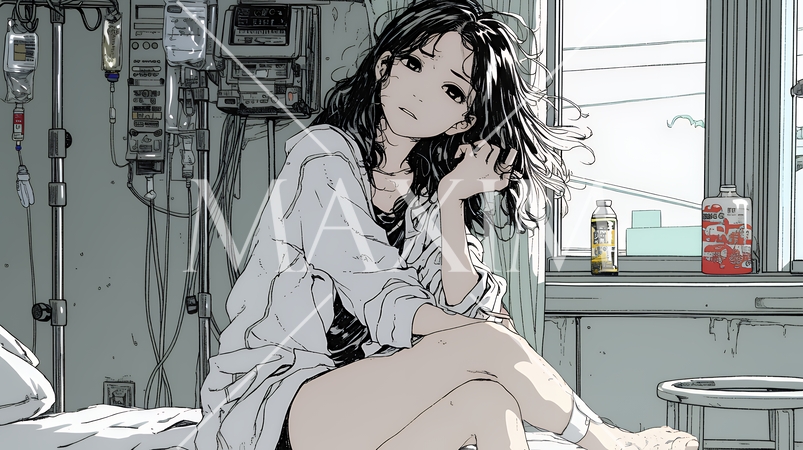 病院のベッドに腰掛けて気落ちしている女性