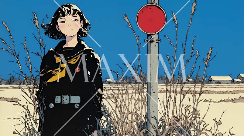 冬枯れの郊外の道を歩く若い女性