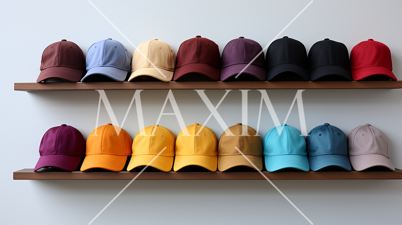 様々な色のキャップが壁に掛かっている背景画