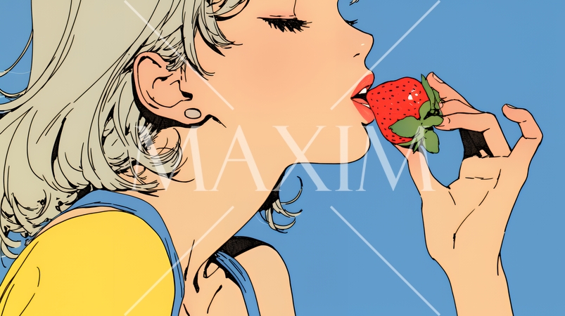 イチゴを摘んで食べている若い女性