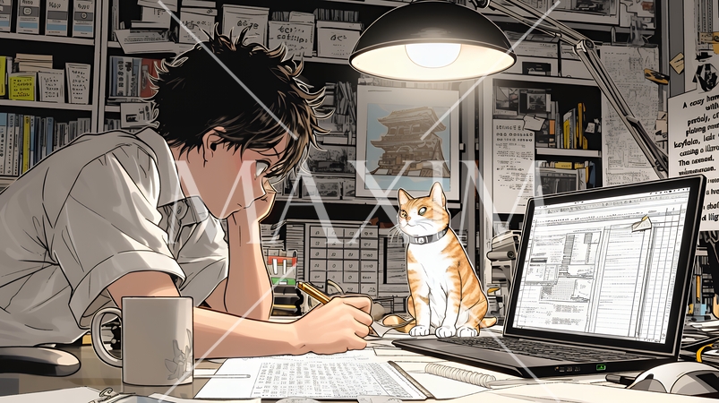 自宅でのリモートワークの場面：ペットのネコと奮闘中