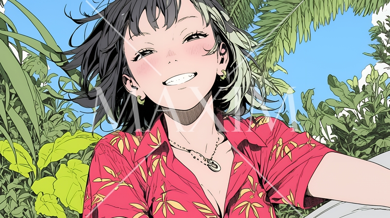 沖縄のかりゆしファッションを着て笑顔いっぱいの若い女性