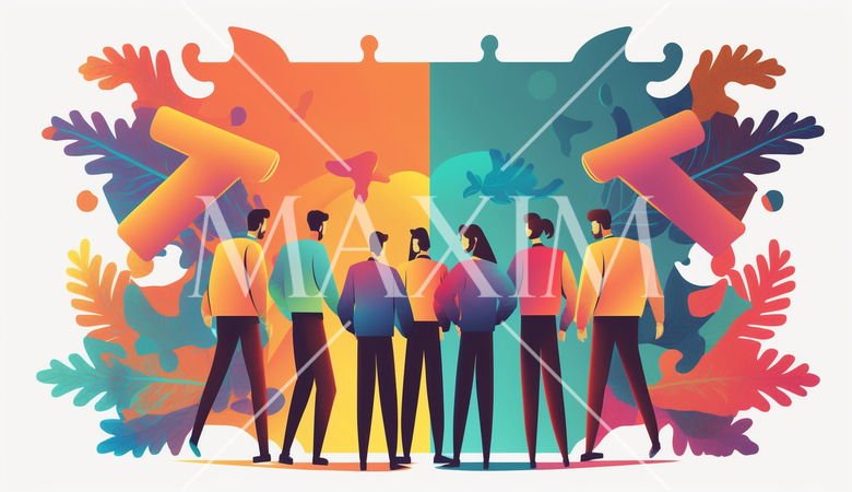 チームワーク：チームが協力してビジネスのプロジェクトに取り組む場面。