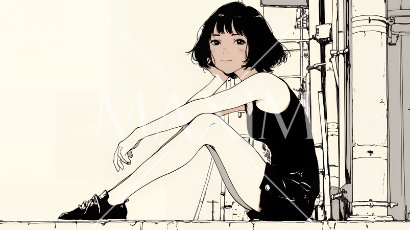 若い女性が佇む都市の街角（シンプルな色使い）