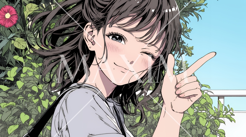 フィンガーガン（指でっぽう）を構えている若い女性