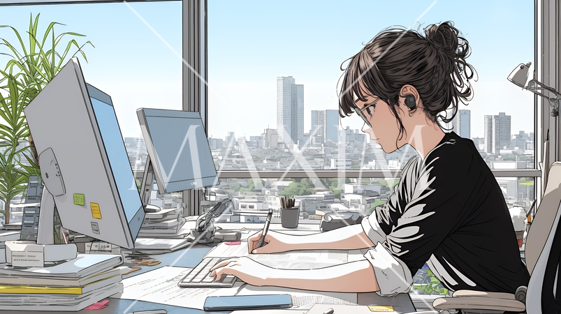 職場のデスクでパソコンに向かって仕事をしているビジネスウーマン