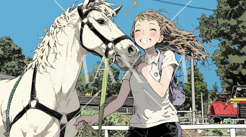 馬の世話をしている若い女性