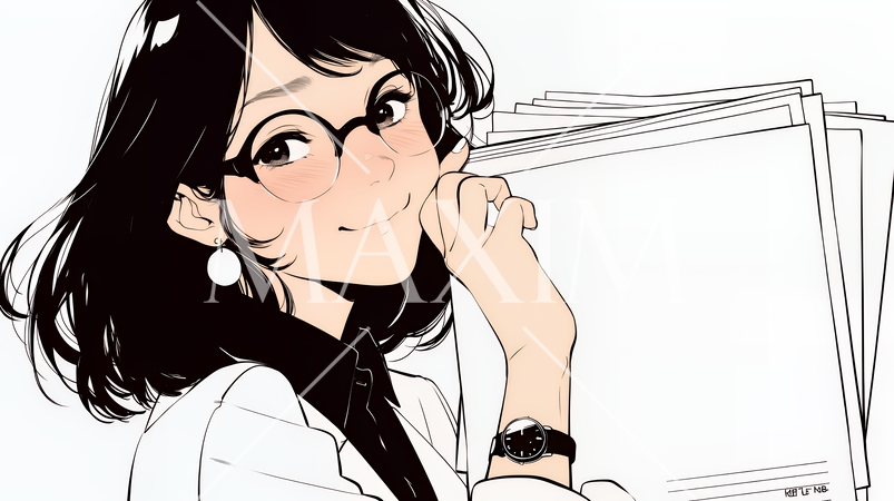 書類を確認するビジネスウーマン（シンプルな色使い）