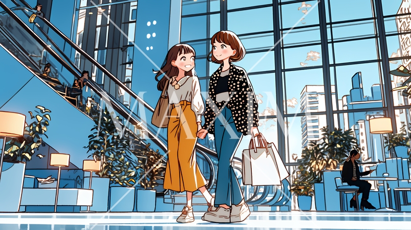 女友達と一緒にショッピングモールを歩き回る若い女性