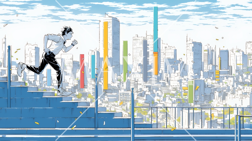 棒グラフの都会の町並みを駆け抜けるビジネスパーソン