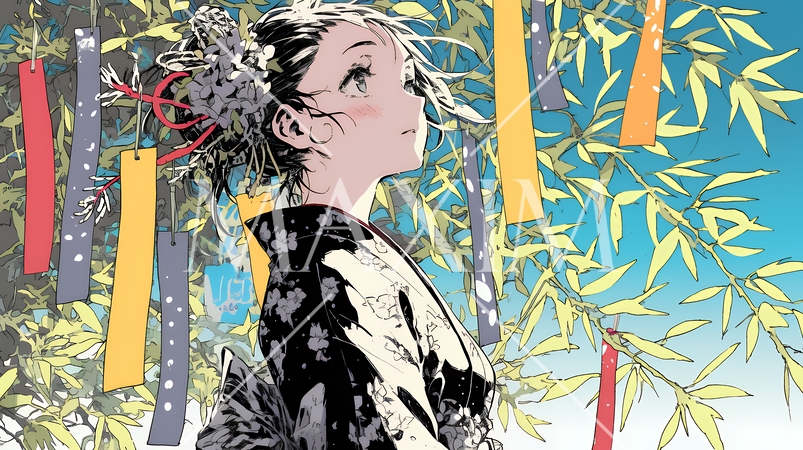 七夕飾りと和服を着た若い女性