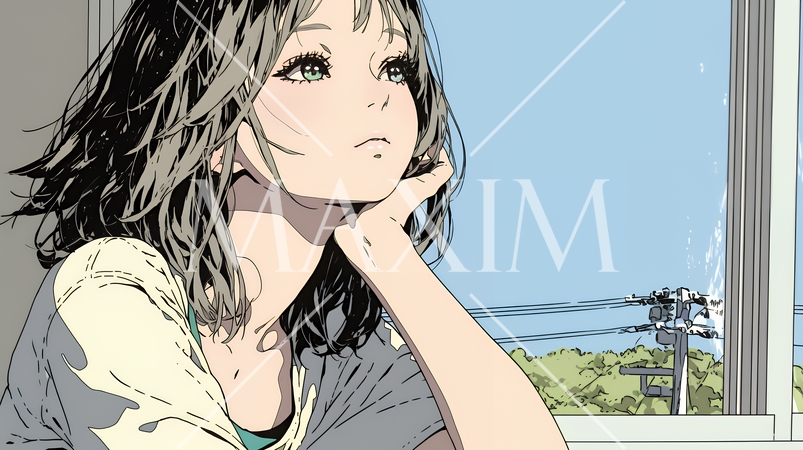 じっと遠くを見つめている若い女性