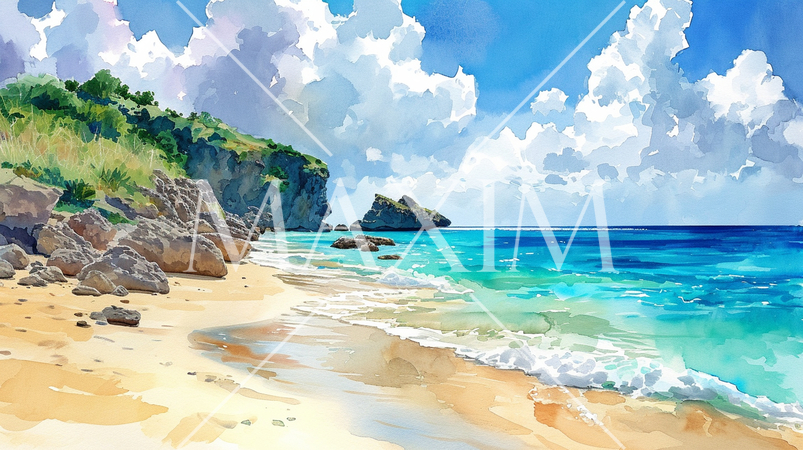 南国の島の浜辺と青い空のイラスト