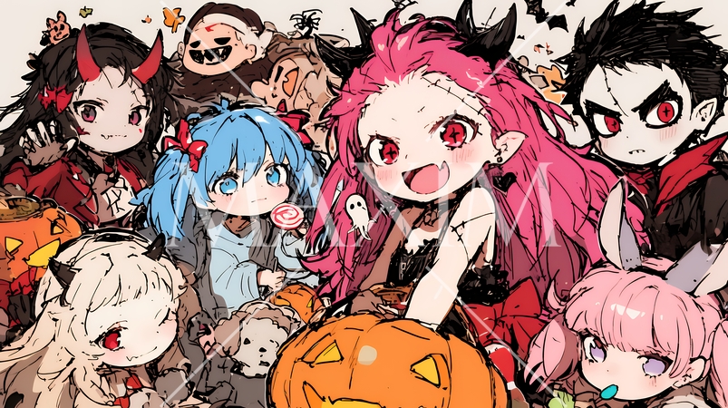 キモかわいいハロウィーンコスプレの女の子（クレヨンと水彩画風）
