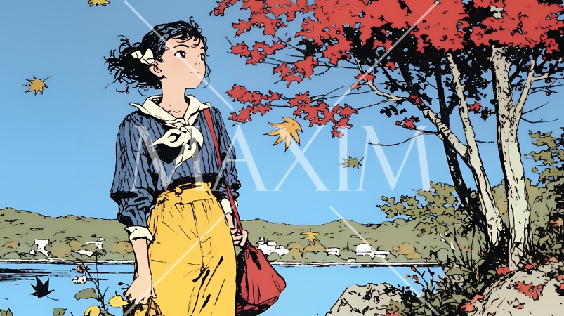 水辺の紅葉の小径を散策している若い女性