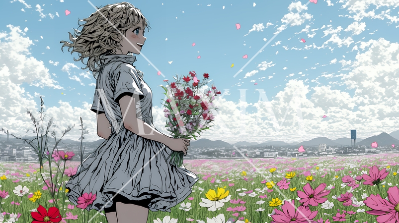 コスモス畑にいる若い女性