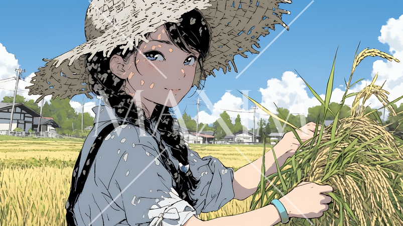 田んぼで農作業をしている女性