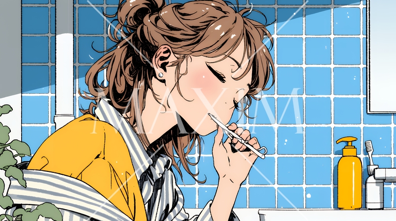 洗面所で朝の歯磨きをする若い女性