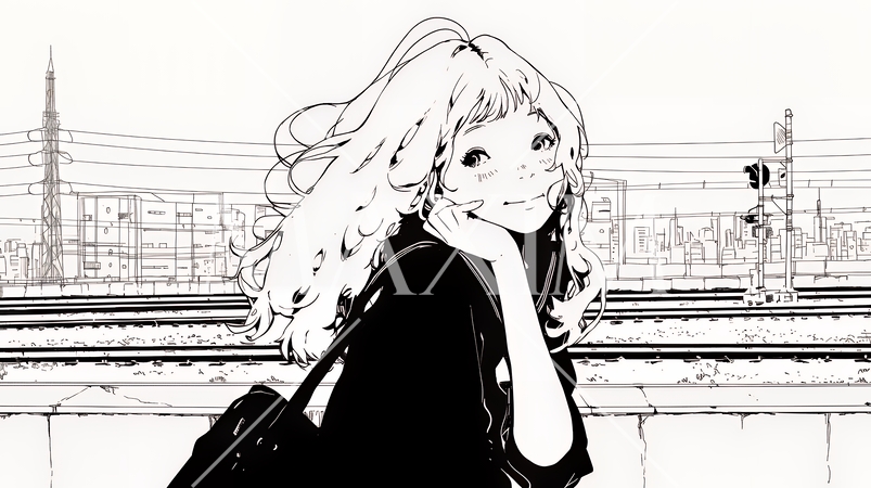 若い女性が佇む都市の街角（シンプルな色使い）