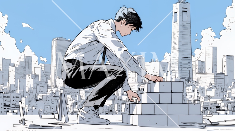 コンクリートブロックを積み上げているビジネスマン：計画の段階的積み重ねの比喩