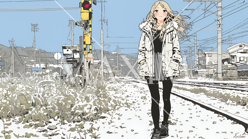 雪解けでぬかるんだ道を歩く若い女性