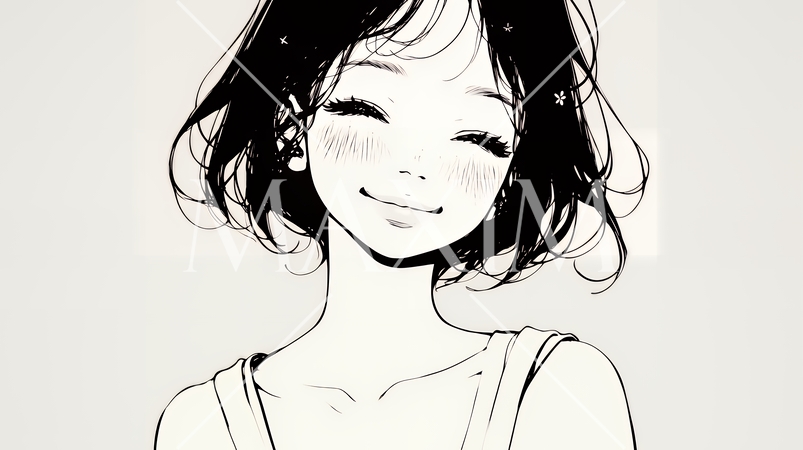 「うふふ」と微笑んでいる若い女性（シンプルな色使い）