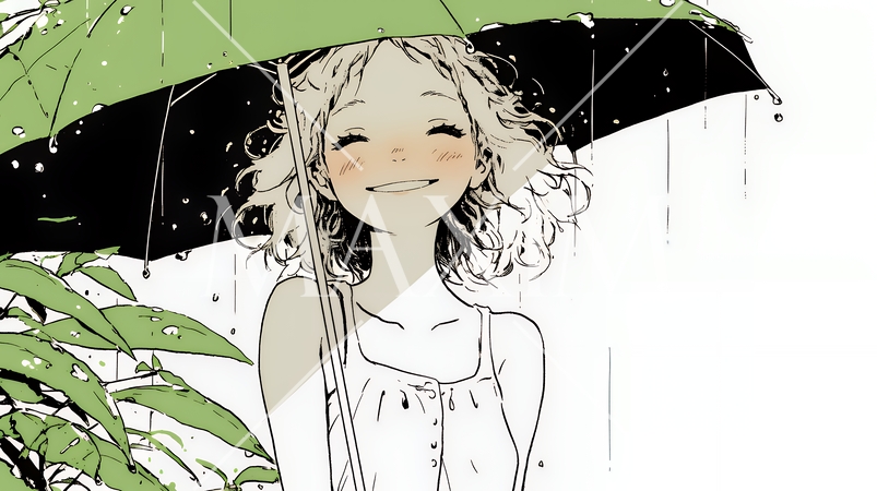 雨の中を歩く女性（シンプルな色使い）