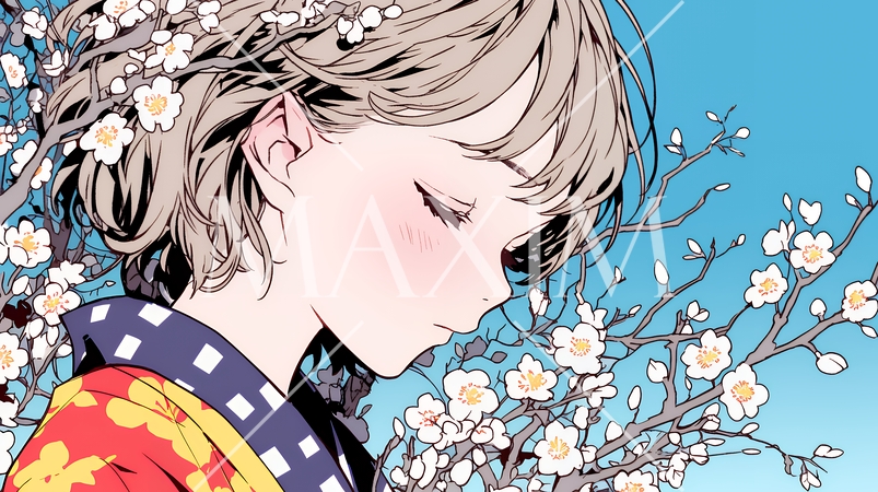 満開の梅の花と和服姿の若い女性