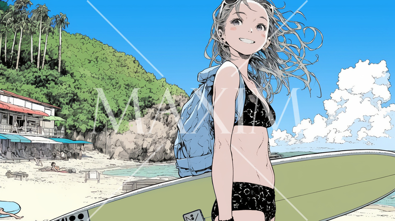 沖縄の海岸でビキニ姿でサーフボードを持った若い女性