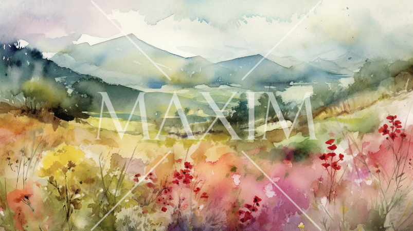 初夏の朝、色とりどりに咲く花々の向こうに朝霧が雲海のように広がっている。水彩画。