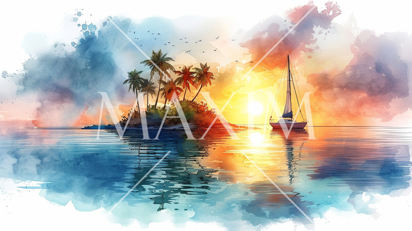 南洋の孤島とヨットと夕日：水彩画
