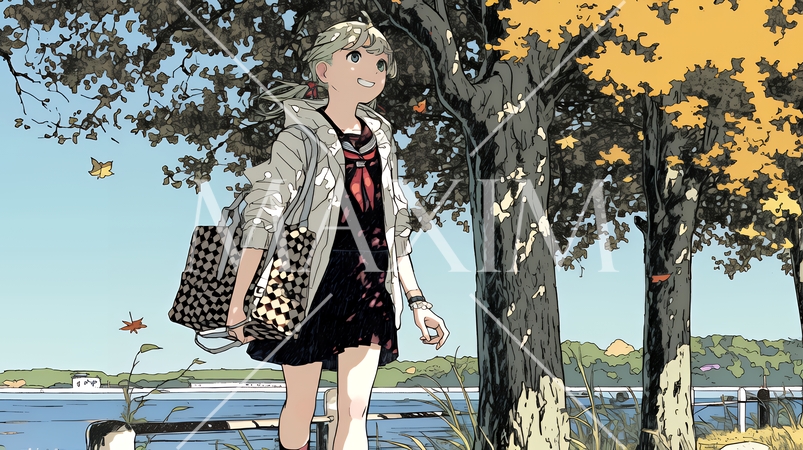 紅葉の小径を歩く若い女性