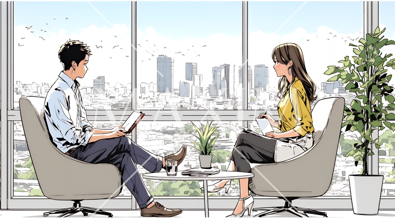 二人でミーティング（面談・インタビュー・会議）の場面