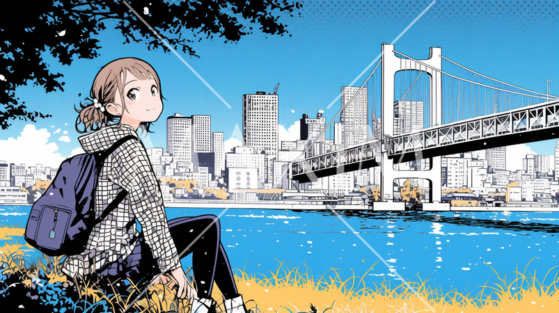 都市河畔の静思：都市の景観と大河にかかるきな橋を眺める若い女性