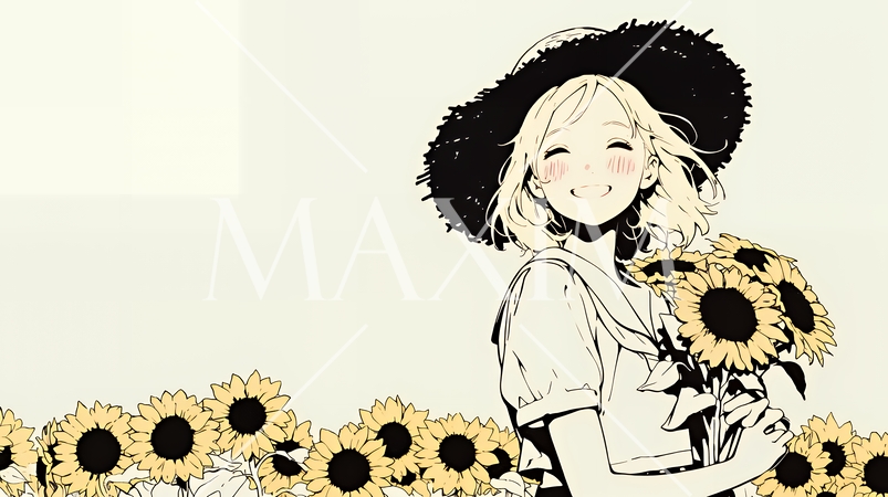 ひまわりと女性（シンプルな色使い）