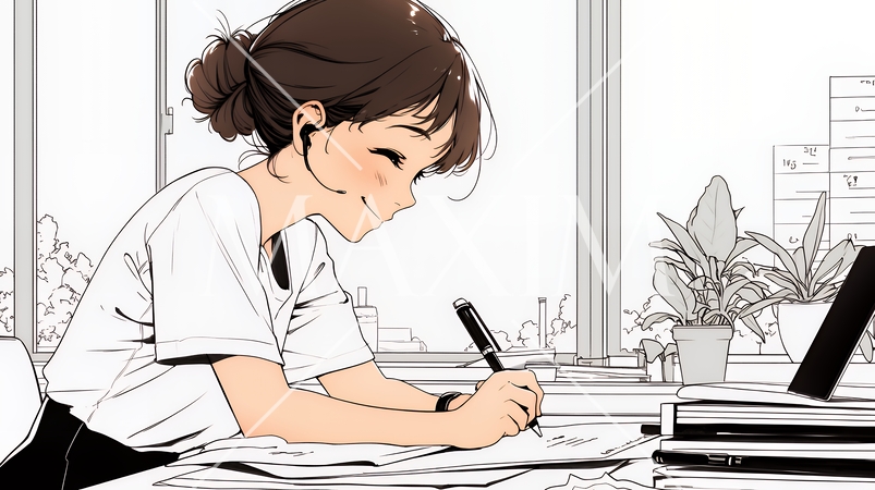 素晴らしいアイデアが浮かんでメモを走らせている女性（シンプルな色使い）