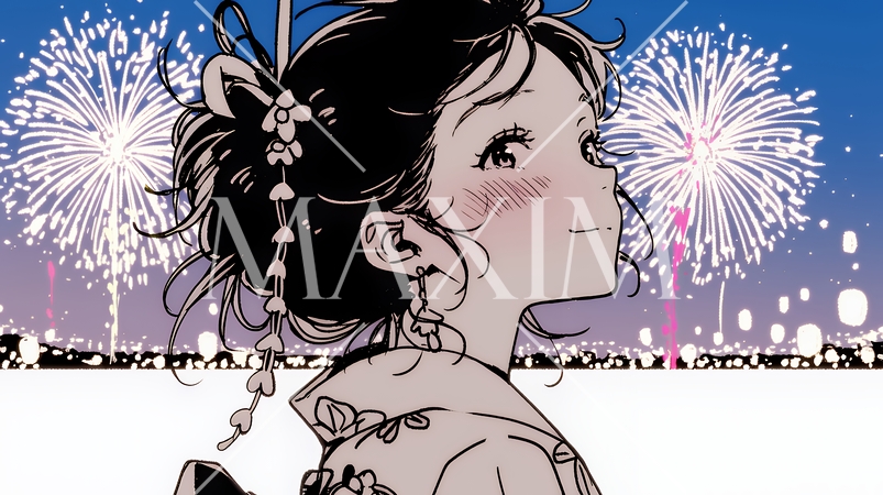 打ち上げ花火を見ている浴衣を着た若い女性（シンプルな色使い）