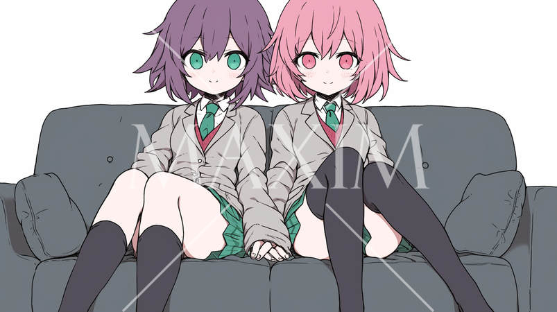 仲の良い二人の女子高生がソファーに座って手をつないでいる：LGBT