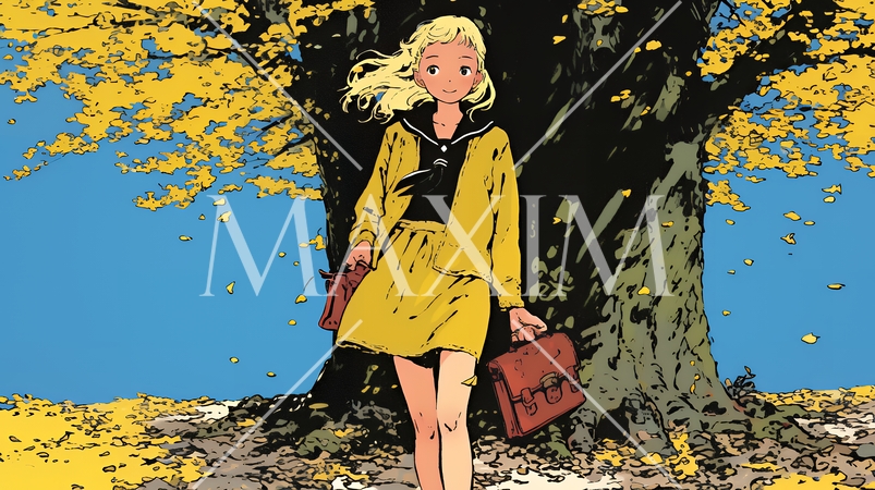 紅葉の小径を歩く若い女性