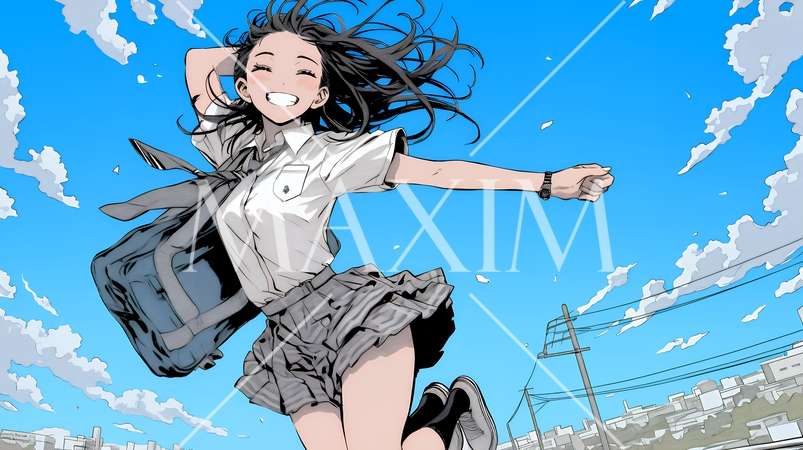 嬉しさのあまり飛び跳ねる制服姿の女子高生